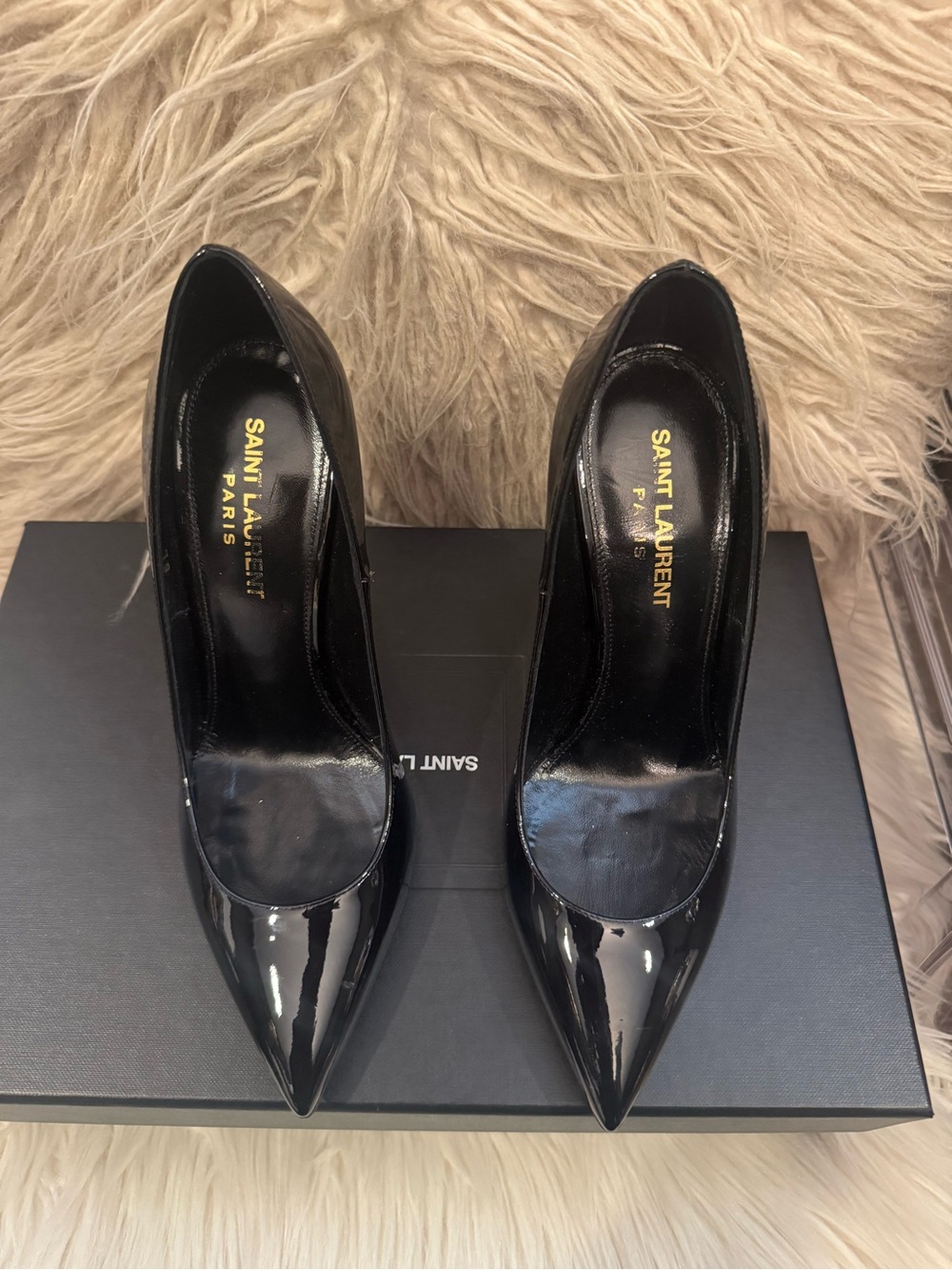 Saint Laurent Black Patent Opyum Logo Heel Pumps - Picture 4 of 7